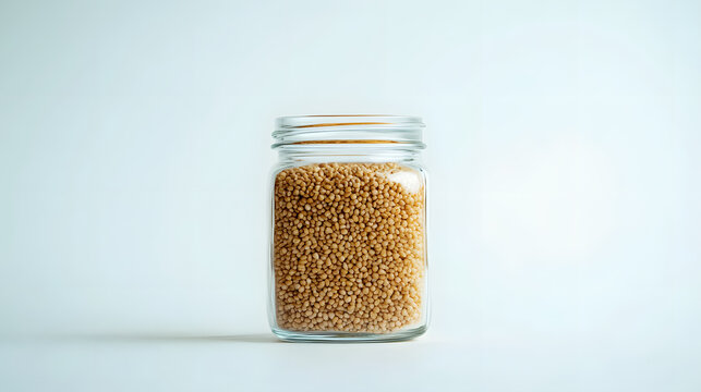 Spelt grains in a transparent glass jar, showing ther natural beige color and aw texture against a simpl, white background.