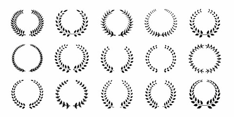 Collection of fifteen diverse black laurel wreath designs on a white background