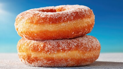 Two sugared donuts stacked, golden-brown, light dusting of sugar, shallow depth of field, bright blue background suggesting a beach setting
