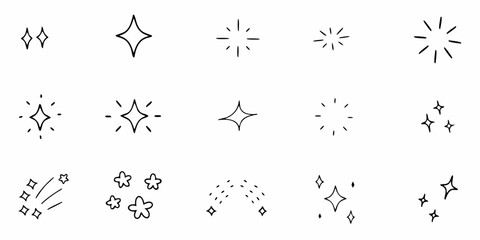 Collection of hand drawn starbursts and sparkle icons in black and white doodle style