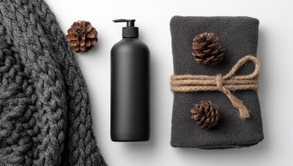 Flatlay of dark grey knitted textile, black pump bottle, and folded dark grey fabric with pine cones, all on a white background