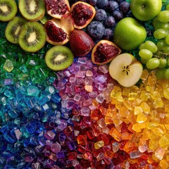 Vibrant fruits arranged in a semicircle atop a rainbow of colorful, jewel-toned, small, glass-like stones