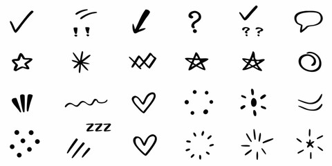 Naklejka premium Collection of hand drawn doodle icons and symbols including checkmarks stars hearts and arrows on a white background