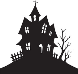 Haunted House Silhouette Vector on White Background Gothic Twilight Hilltop Mansion with Broken Windows and Crooked Tower