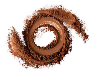Cocoa Powder Splash in Curved Swirl with Fine Particles, Isolated on Transparent Background