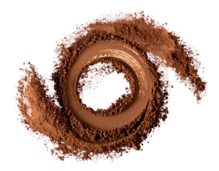 Cocoa Powder Splash in Curved Swirl with Fine Particles, Isolated on Transparent Background