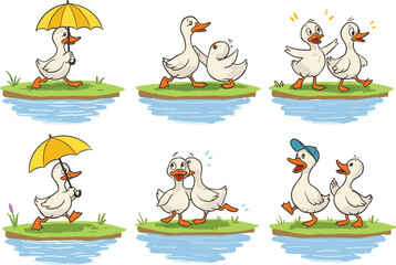 Cartoon ducks near water, expressive poses, umbrella and cap, playful farm animals, animated behavior, nature illustration, character interaction