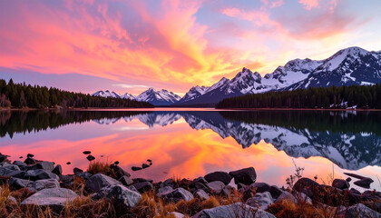 Breathtaking sunset over snowy mountain range reflected in a serene lake landscape
