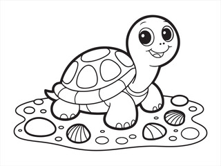 Smiling turtle surrounded by seashells in an underwater scene.