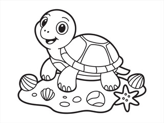 Cute cartoon turtle with seashells on the sandy ocean floor.