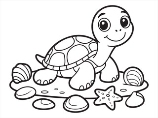Cute cartoon turtle surrounded by seashells on the sandy ocean floor. An adorable underwater scene perfect for children's illustrations and marine life themes.