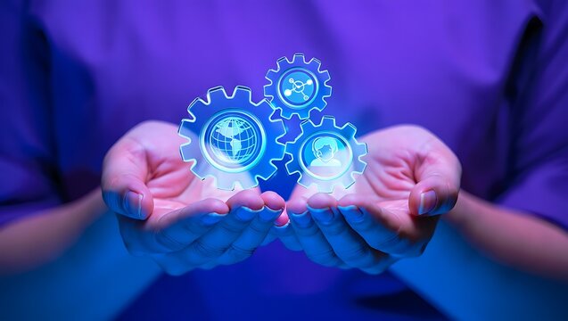 Hands hold glowing gears with business icons vibrant blue light symbolizing global business planing