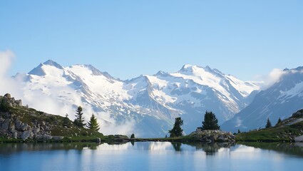 Fototapeta premium Majestic glacial peaks reflected in a serene alpine lake under a clear blue sky
