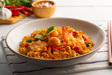 Stir fried instant noodles and shrimp with basil leaves.Thai food.(pad ka prao)
