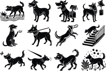 Collection of twelve different dogs in various poses in a linocut style on white background