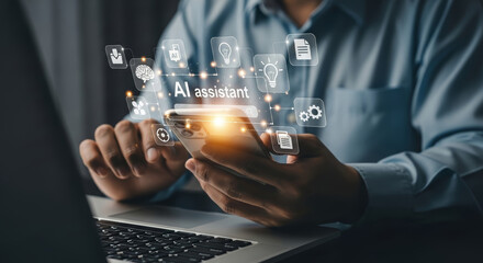 Man using AI assistant on smartphone with futuristic interface for business and technology solutions