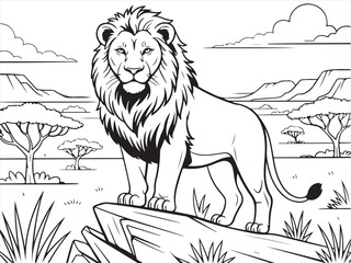 Wild lion on a rocky outcrop in the heart of the African savannah.