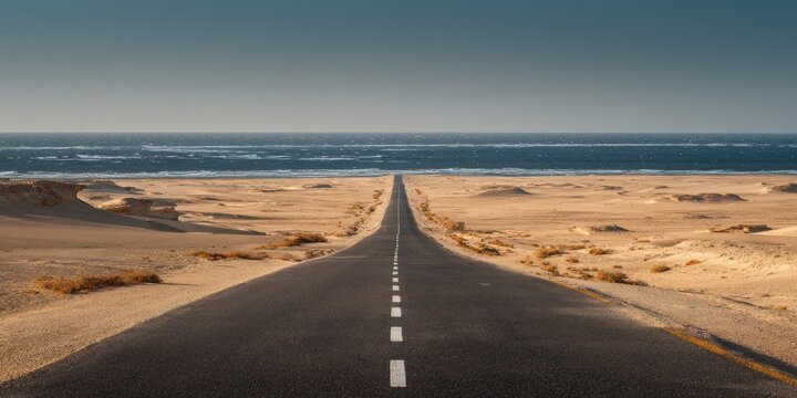 A long, straight asphalt road cuts through a sandy desert landscape, leading to a vast ocean under a clear sky