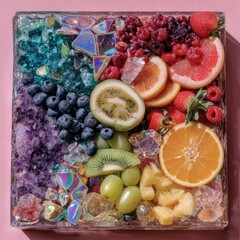 Vibrant fruit arrangement in a clear square container, interspersed with colorful crystals and iridescent shards, against a pale pink background