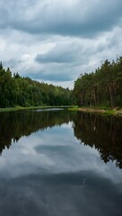 Serene lake reflecting dramatic cloudy sky amidst lush forest landscape