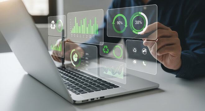 Modern business professional analyzing sustainability data on laptop with insightful charts and graphs - Powered by Adobe
