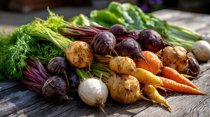 A vibrant display of fresh beets, carrots, and other root vegetables arranged on a rustic wooden surface.
