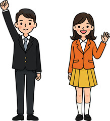 Businessman and businesswoman in formal attire greeting with raised hand vector illustration 