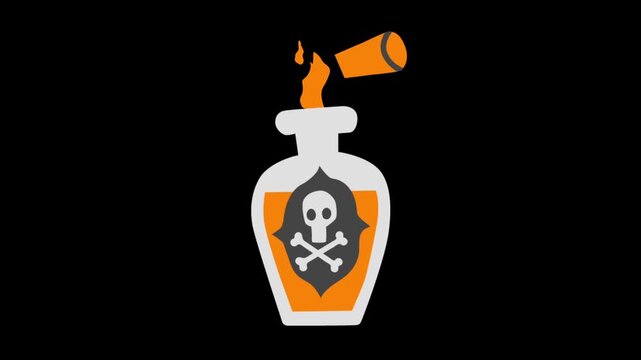 Animated poison bottle with bubbling orange liquid and skull label releasing vapor in Halloween theme
