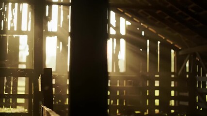 Sunbeams pierce a weathered wooden barn interior, casting warm golden light through the gaps in the walls. - Powered by Adobe