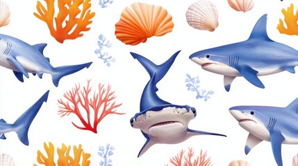 Seamless ocean-themed pattern with hammerhead sharks, whale sharks, manta rays, coral and shells