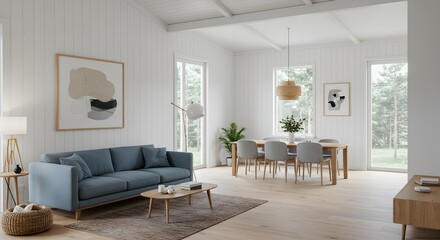Modern Open Plan Living and Dining Room with Blue Sofa and Wood Details in a Bright Interior