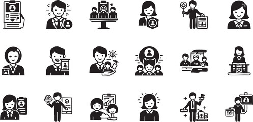 Set of black and white business and job icons, depicting various aspects of corporate life, human resources, and professional development, suitable for web and print use