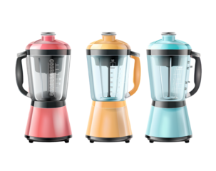 three different-colored blender cages, hand-painted in the style of españa, mixed color hand blender machine isolated on a transparent background.