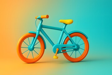 Fototapeta premium 3D clay bicycle with teal frame, orange tires, and yellow saddle, studio lighting, gradient background, for transportation campaigns, fitness promotions, and sustainable travel visuals.