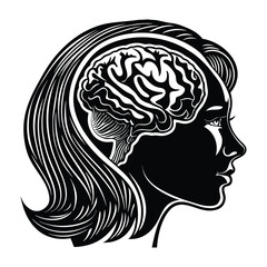 A striking silhouette of a woman’s head filled with a detailed brain, symbolizing intelligence, creativity, and thoughtful insight in a bold, conceptual design.
