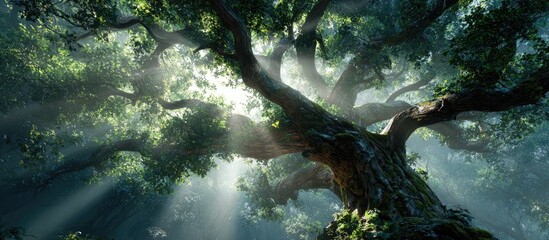 Ancient tree's massive branches reach skyward, sunbeams pierce the lush canopy, creating a mystical, ethereal forest scene