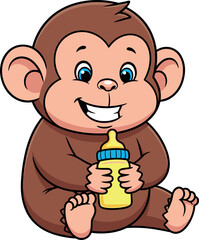 Cartoon baby monkey sitting and smiling with yellow bottle, cute jungle animal character illustration for children’s books, nursery, and playful designs