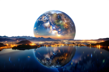Earthlike planet reflection city lights isolated on white background