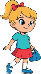 Cartoon blonde girl walking with handbag, wearing turquoise shirt and red skirt, children’s character illustration for education, fashion, lifestyle, storytelling themes