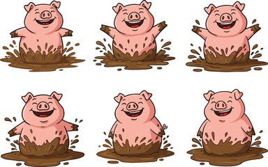 Cartoon pigs jumping in mud, playful farm animals, expressive piglets, muddy splashes, animated behavior, joyful poses, fun illustration