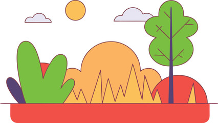 Fototapeta premium Vibrant Landscape Illustration with Cartoon Trees and Clouds in a Simple Style for Childrens Books and Nature Themed Designs