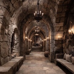 Obraz premium A long, arched stone hallway with candlelit chandeliers, stone benches, and a raised platform at the far end. The walls are rough-hewn, and the atmosphere is dark and mysterious