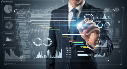 Professional businessman analyzing financial data on interactive screen in modern office environment