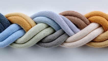 A close-up reveals a tightly woven braid composed of thick, soft cords in muted pastel shades of blue, beige, brown, and grey. 