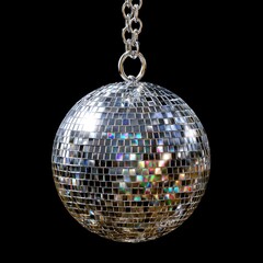 Obraz premium A reflective disco ball, shimmering with vibrant colors, hangs from a metallic chain against a dark backdrop.