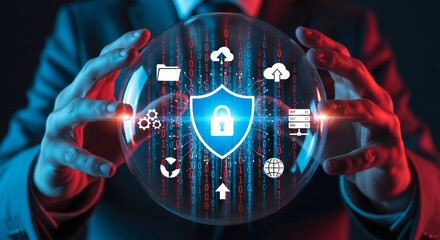Protecting data with secure shield and lock icon, modern cybersecurity concept, digital world