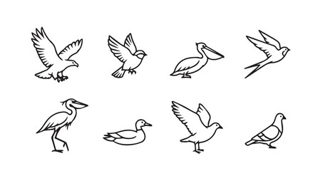 Birds flying line art icon bundle illustration