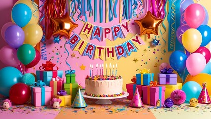 Stylish birthday design with a glossy 3D black and gold balloon against a dark background, decorated with sparkling “Happy Birthday” text