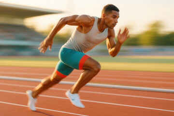 Explosive Sprint On Track At Golden Hour, Powerful Athlete In Full Stride