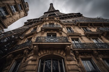 Obraz premium Dramatic Low-Angle View of Parisian Building, Cloudy Sky, Architectural Details, Perspective.